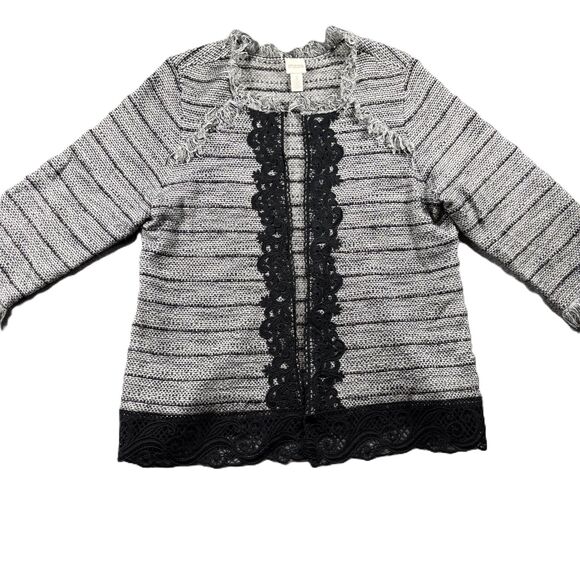 Chico's Women Lace Tweed Black Gray Cardigan Jacket Preppy Business Sz 3 XL C118 - Picture 1 of 10